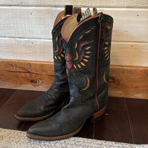 Justin Boots leather cowboy boots black firebird inlay orange red glazed